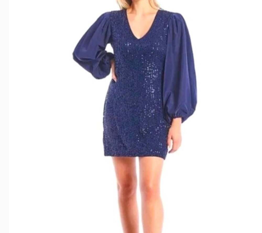 LDT Giselle Sequin V-Neck Mini Dress with Balloon Sleeves in Navy 12